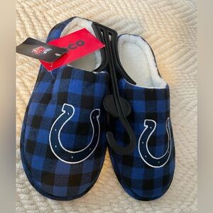 FOCO Men'sNFL Sherpa Lined Buffalo Check Memory Foam Slippers-Indianapolis Colts